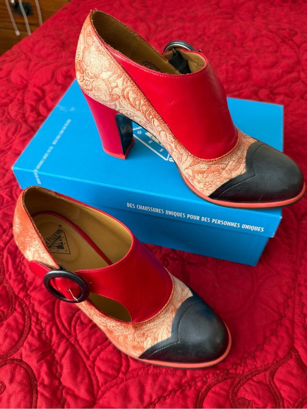 John Fluevog Attic Joyce Red Paisley Monk Strap Heels Size 9.5 w/ Box - Picture 2 of 8